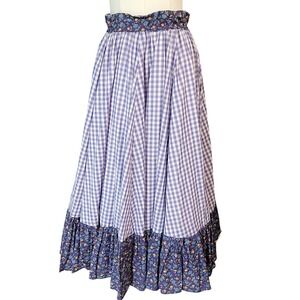 Vintage Darling Lavender Gingham Skirt Prairiecore Floral Ruffle Trim Full Lined
